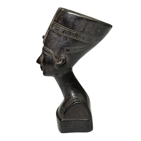 Egyptian King Tut Queen Nefertiti Bust Set Carved Stone Hieroglyphic Black Decor - Picture 10 of 16